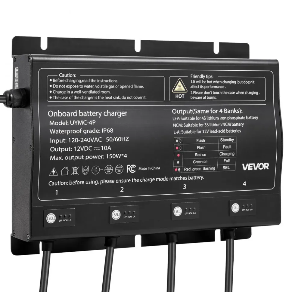 VEVOR Marine Battery Charger, 4-Bank, 10A 12V Onboard Boat Charger, IP68 Waterproof Smart On-Board Battery Charger, for Lithium-Ion (LiFePO4), NCM, Lead-Acid Batteries, Large Boat, Yacht, RV, Trailer