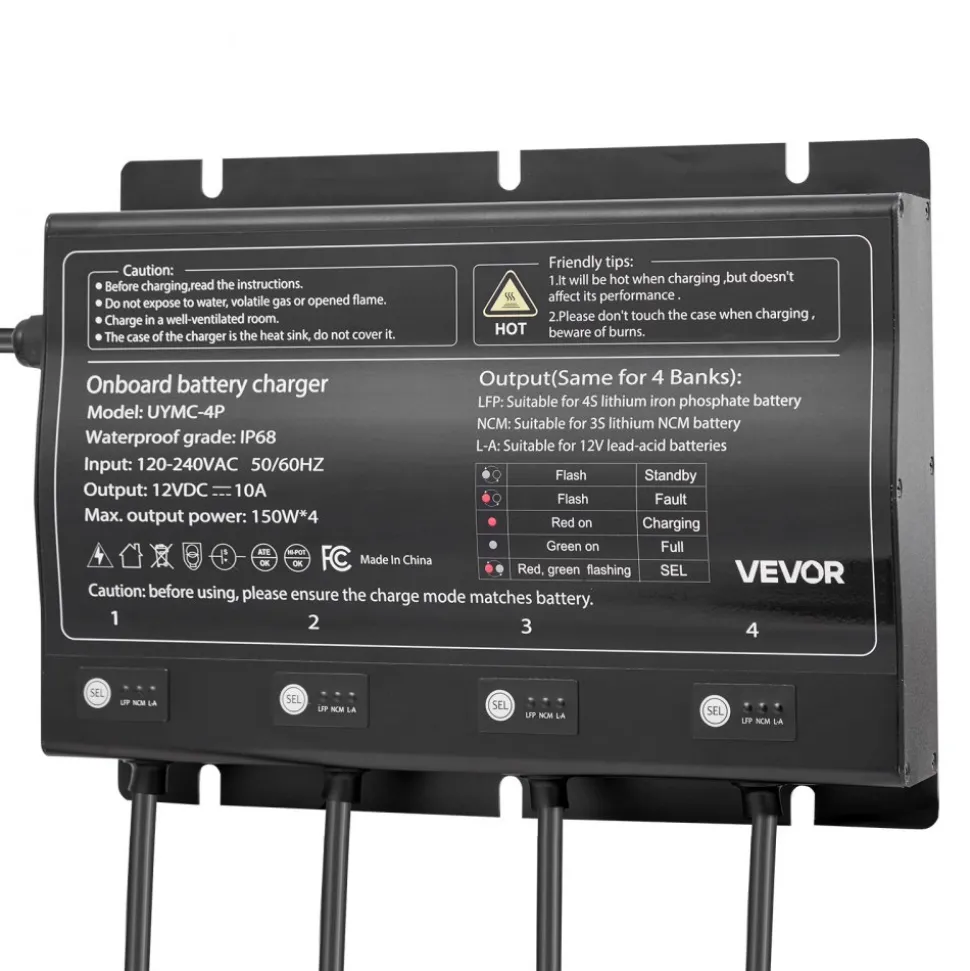 VEVOR Marine Battery Charger, 4-Bank, 10A 12V Onboard Boat Charger, IP68 Waterproof Smart On-Board Battery Charger, for Lithium-Ion (LiFePO4), NCM, Lead-Acid Batteries, Large Boat, Yacht, RV, Trailer