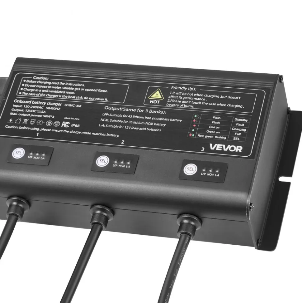 VEVOR Marine Battery Charger, 3-Bank, 5A 12V Onboard Boat Charger, IP68 Waterproof Smart On-Board Battery Charger, for Lithium-Ion (LiFePO4), NCM, Lead-Acid Batteries, Large Boat, Yacht, RV, Trailer
