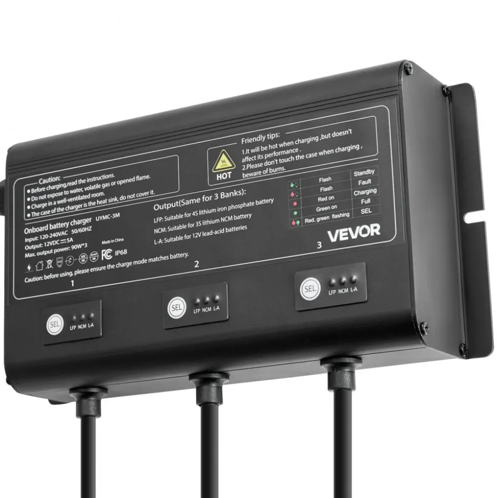 VEVOR Marine Battery Charger, 3-Bank, 5A 12V Onboard Boat Charger, IP68 Waterproof Smart On-Board Battery Charger, for Lithium-Ion (LiFePO4), NCM, Lead-Acid Batteries, Large Boat, Yacht, RV, Trailer