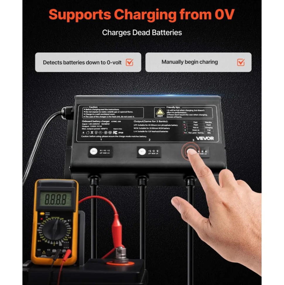 VEVOR Marine Battery Charger, 3-Bank, 5A 12V Onboard Boat Charger, IP68 Waterproof Smart On-Board Battery Charger, for Lithium-Ion (LiFePO4), NCM, Lead-Acid Batteries, Large Boat, Yacht, RV, Trailer