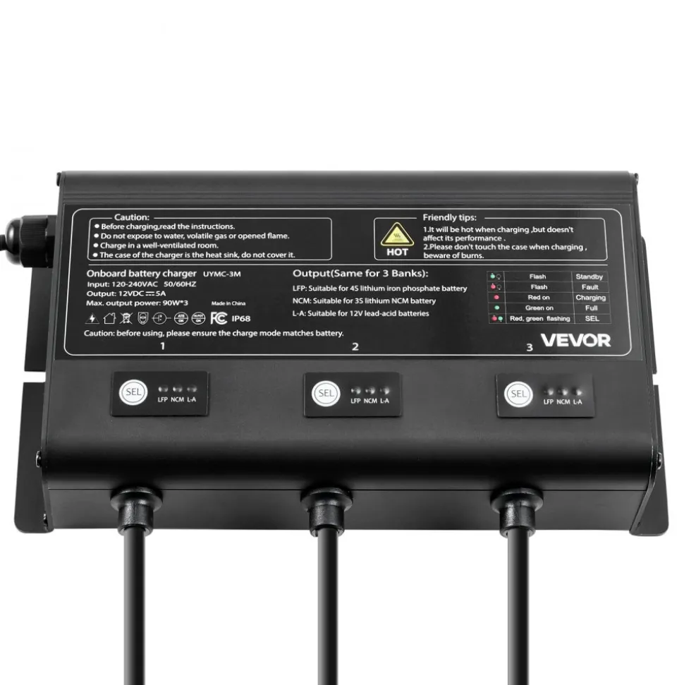 VEVOR Marine Battery Charger, 3-Bank, 5A 12V Onboard Boat Charger, IP68 Waterproof Smart On-Board Battery Charger, for Lithium-Ion (LiFePO4), NCM, Lead-Acid Batteries, Large Boat, Yacht, RV, Trailer