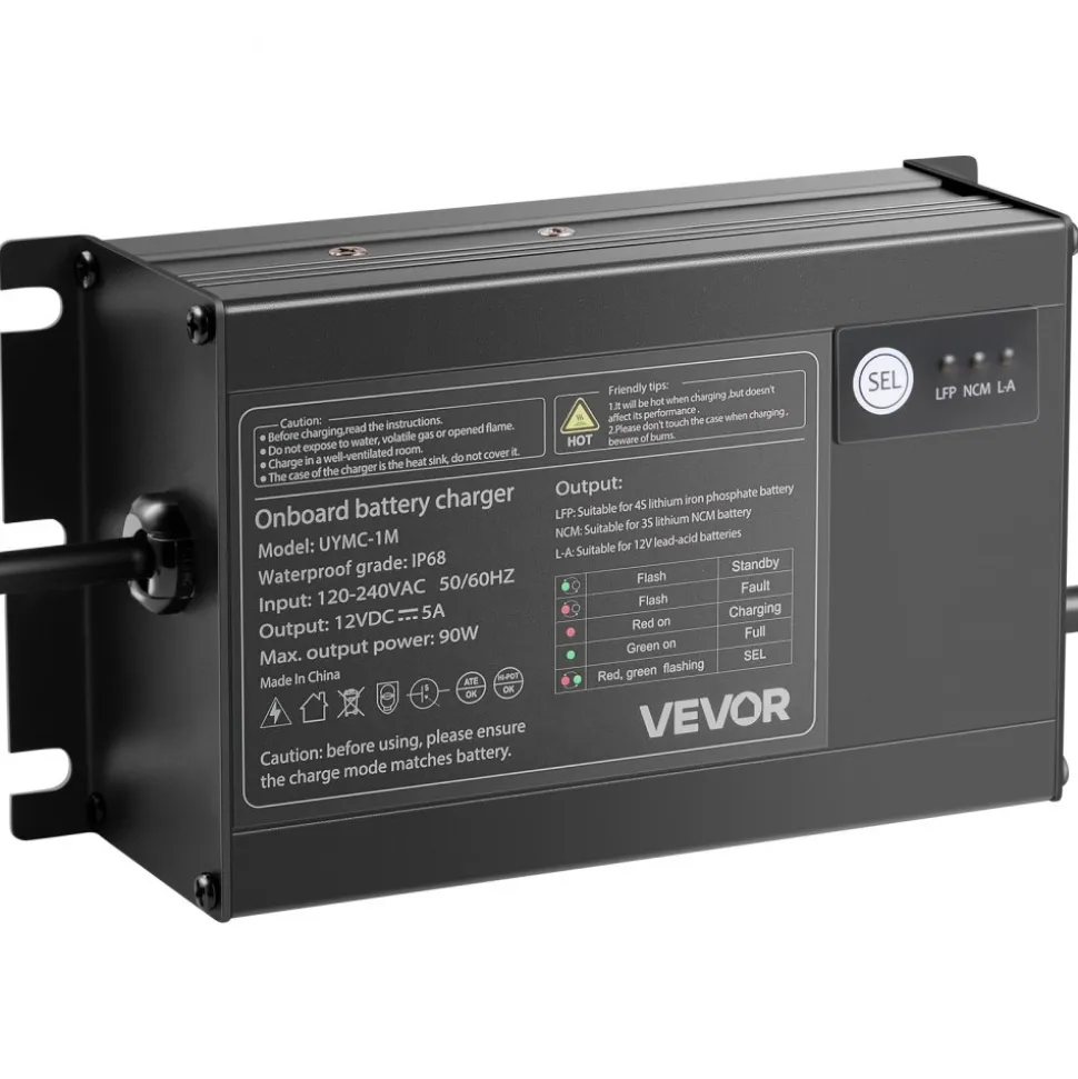 VEVOR Marine Battery Charger, 1-Bank, 5A 12V Onboard Boat Charger, IP68 Waterproof Smart On-Board Battery Charger, for Lithium-Ion (LiFePO4), NCM, Lead-Acid Batteries, Large Boat, Yacht, RV, Trailer