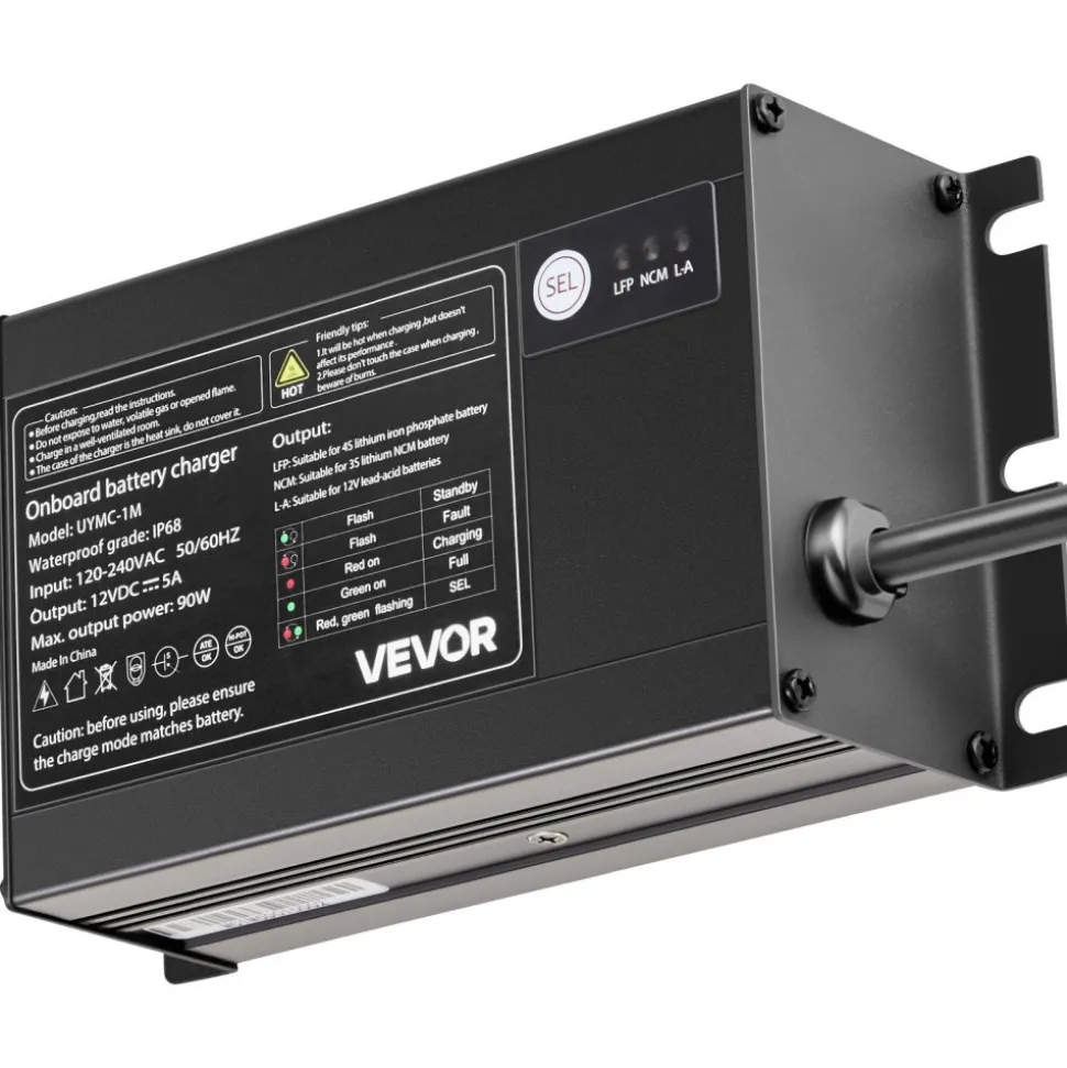 VEVOR Marine Battery Charger, 1-Bank, 5A 12V Onboard Boat Charger, IP68 Waterproof Smart On-Board Battery Charger, for Lithium-Ion (LiFePO4), NCM, Lead-Acid Batteries, Large Boat, Yacht, RV, Trailer