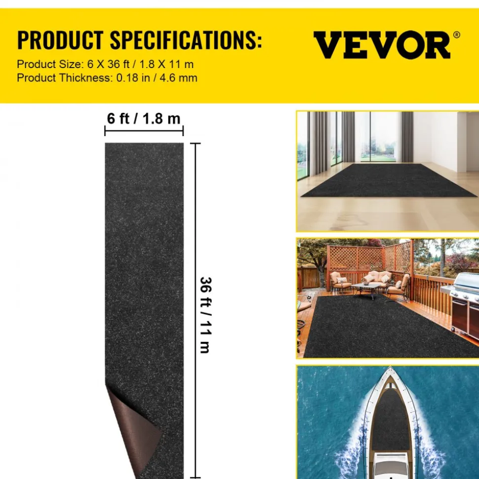 VEVOR Marine Carpet, 6 x 36 ft Boat Carpeting, Charcoal Black Marine Grade Boat Carpet, Indoor/Outdoor Marine Carpeting with Water-proof TPR Backing, Water-proof Carpet Roll for Home, Patio, Porch, De