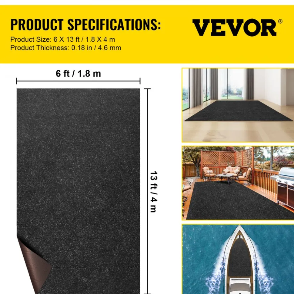 VEVOR Marine Carpet, 6 x 13 ft Boat Carpeting, Charcoal Black Marine Grade Boat Carpet, Indoor/Outdoor Marine Carpeting with Water-proof TPR Backing, Water-proof Carpet Roll for Home, Patio, Porch, De