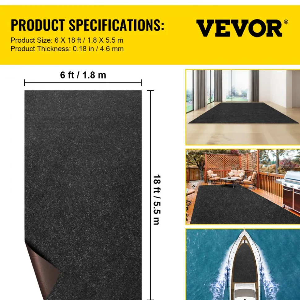 VEVOR Marine Carpet, 6 x 18 ft Boat Carpeting, Charcoal Black Marine Grade Boat Carpet, Indoor/Outdoor Marine Carpeting w/ Water-proof TPR Backing, Water-proof Carpet Roll for Home, Patio, Porch, Deck