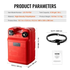 VEVOR Marine Tank, 6.34-Gallon/24-L Marine Portable Tank Outboard Marine Boat Transfer Tank with 9.8ft Hose, Gauge for Outboard Engine Boats, Yacht, Fishing Boat, Deck Boat, Red