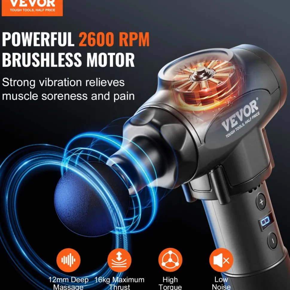 VEVOR Massage Gun Deep Tissue with 9 Speed Levels & 6 Massage Heads, 24V 2500mAh Batteries, Percussion Muscle Massager for Athletes, Handheld Electric Massage Gun for Pain Relief, Muscle Relaxation
