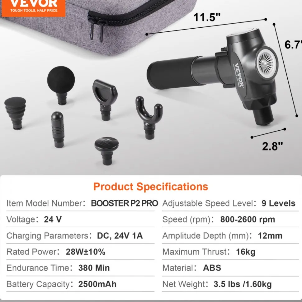 VEVOR Massage Gun Deep Tissue with 9 Speed Levels & 6 Massage Heads, 24V 2500mAh Batteries, Percussion Muscle Massager for Athletes, Handheld Electric Massage Gun for Pain Relief, Muscle Relaxation