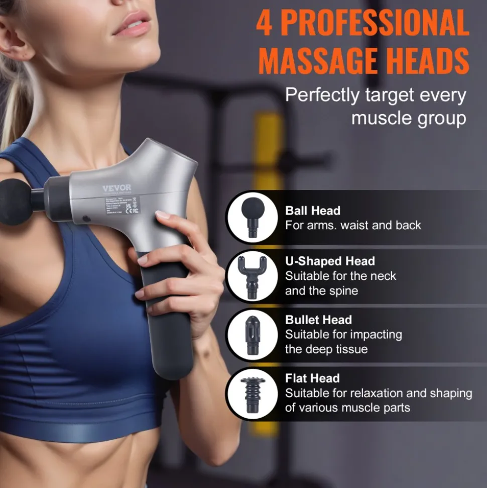 VEVOR Massage Gun Deep Tissue, Percussion Muscle Massage Gun for Athletes - with 6 Speed Levels & 4 Massage Heads, 12V 2500mAh Batteries, Handheld Mini Massage Gun for Pain Relief, Muscle Relaxation