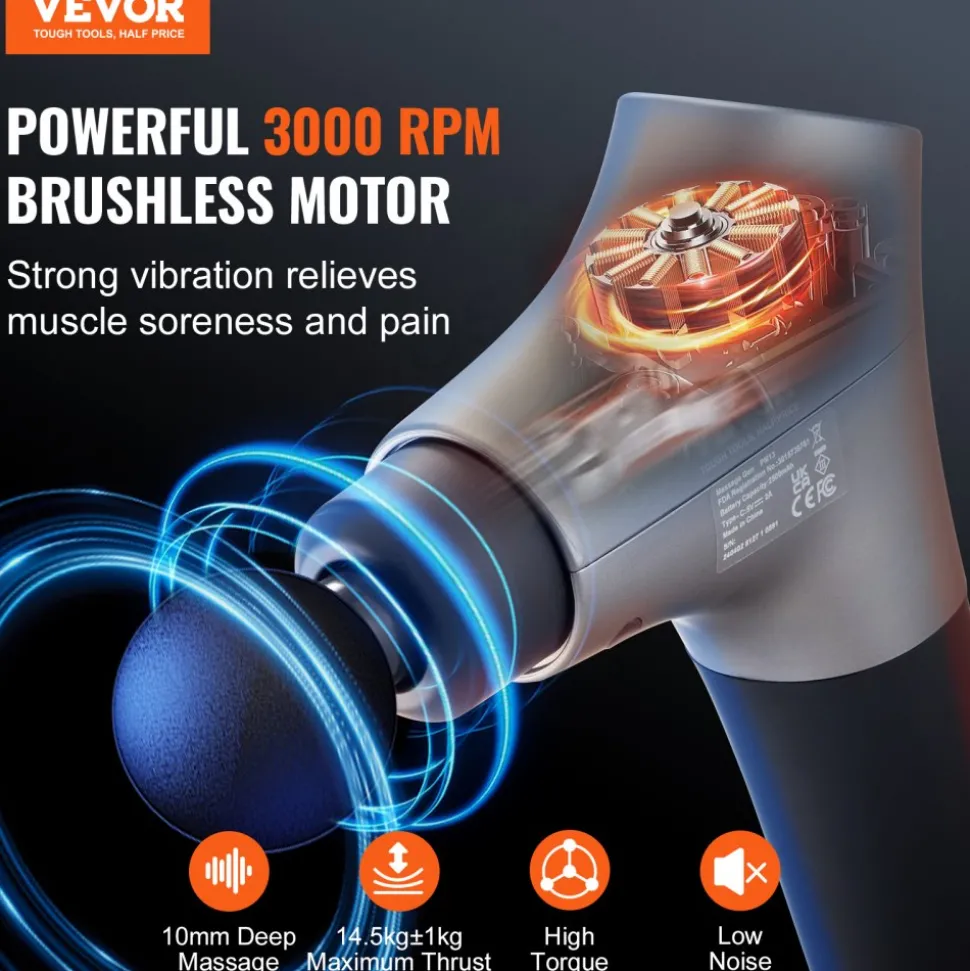 VEVOR Massage Gun Deep Tissue, Percussion Muscle Massage Gun for Athletes - with 6 Speed Levels & 4 Massage Heads, 12V 2500mAh Batteries, Handheld Mini Massage Gun for Pain Relief, Muscle Relaxation