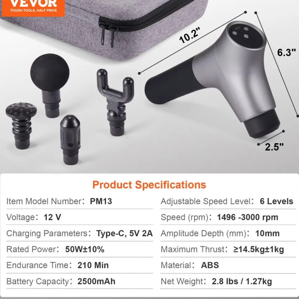 VEVOR Massage Gun Deep Tissue, Percussion Muscle Massage Gun for Athletes - with 6 Speed Levels & 4 Massage Heads, 12V 2500mAh Batteries, Handheld Mini Massage Gun for Pain Relief, Muscle Relaxation