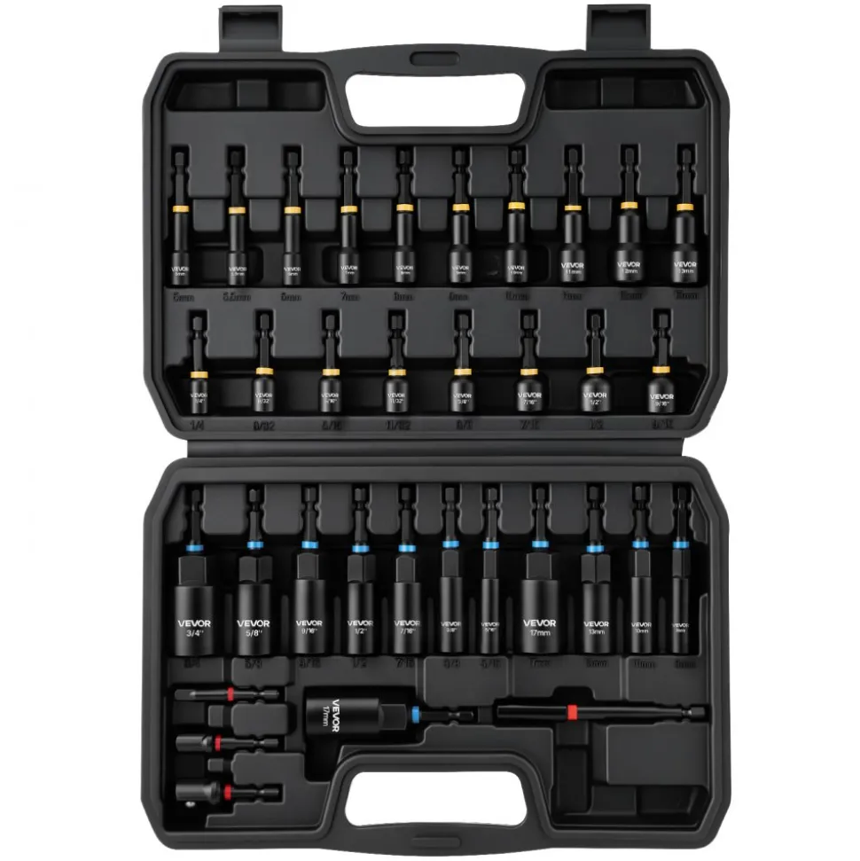VEVOR Master Magnetic Impact Nut Driver Set 34-Piece, Metric & SAE Sizes, with Nut Setter, Quick Release Extension, Wing Nut Driver, Storage Box, Versatile for Automotive, Machinery, and DIY Tasks