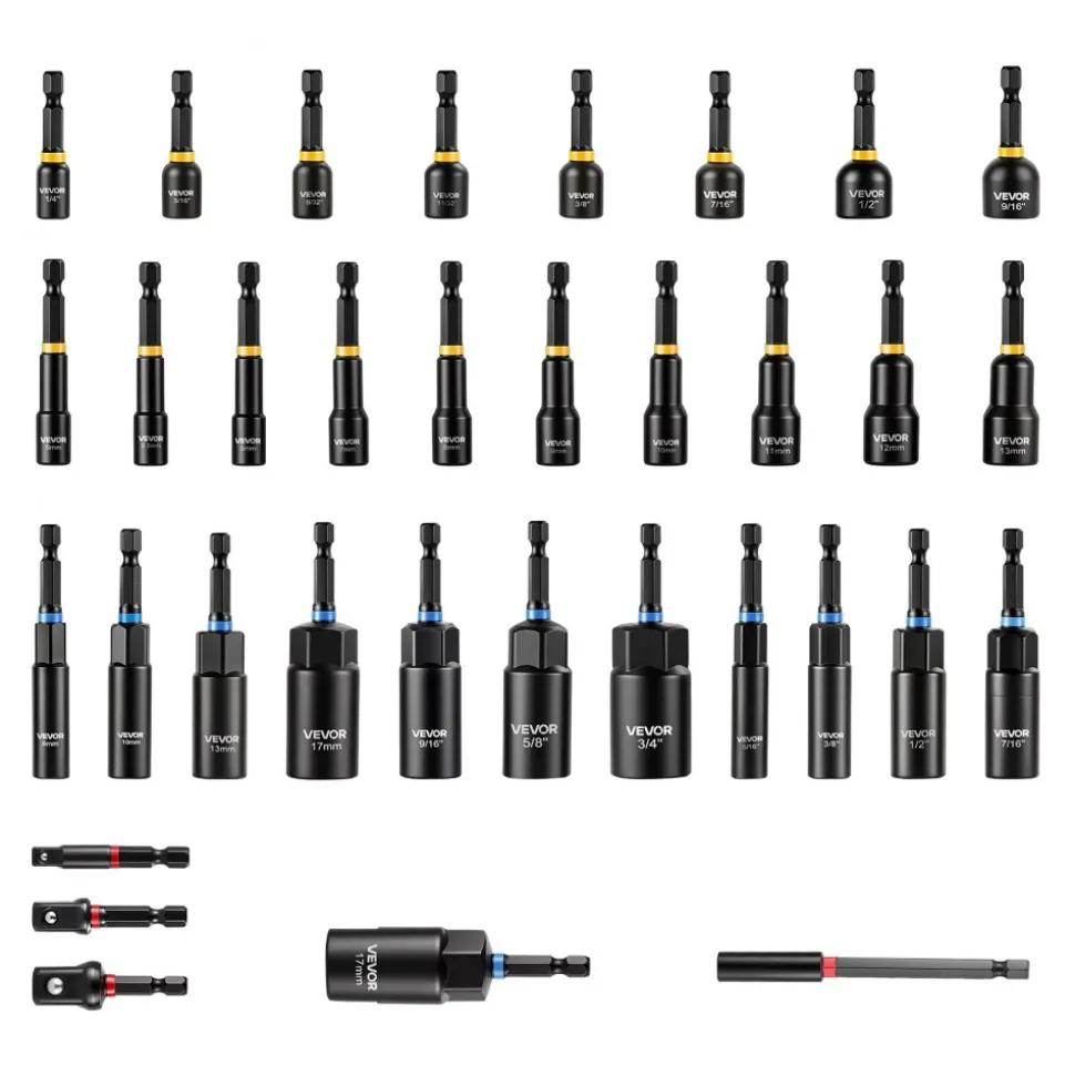 VEVOR Master Magnetic Impact Nut Driver Set 34-Piece, Metric & SAE Sizes, with Nut Setter, Quick Release Extension, Wing Nut Driver, Storage Box, Versatile for Automotive, Machinery, and DIY Tasks