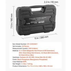 VEVOR Master Magnetic Impact Nut Driver Set 34-Piece, Metric & SAE Sizes, with Nut Setter, Quick Release Extension, Wing Nut Driver, Storage Box, Versatile for Automotive, Machinery, and DIY Tasks