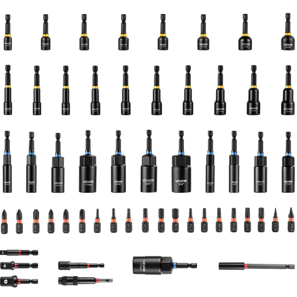 VEVOR Master Magnetic Impact Nut Driver Set 55PCS, Metric & SAE Sizes, with Socket Adapters, Bit Holder, Wing Nut Driver, Pivoting Nutsetter, Quick Release Extension, Power Bits, Storage Box