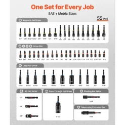 VEVOR Master Magnetic Impact Nut Driver Set 55PCS, Metric & SAE Sizes, with Socket Adapters, Bit Holder, Wing Nut Driver, Pivoting Nutsetter, Quick Release Extension, Power Bits, Storage Box