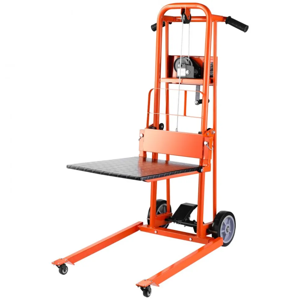 VEVOR Material Lift Winch Stacker, 330 lbs Capacity Pallet Truck Dolly, 42.9 in Max Lifting Height Manual Winch Stacker, Multifunctional Manual Pallet Truck Stacker with Swivel Casters and Lift Plate