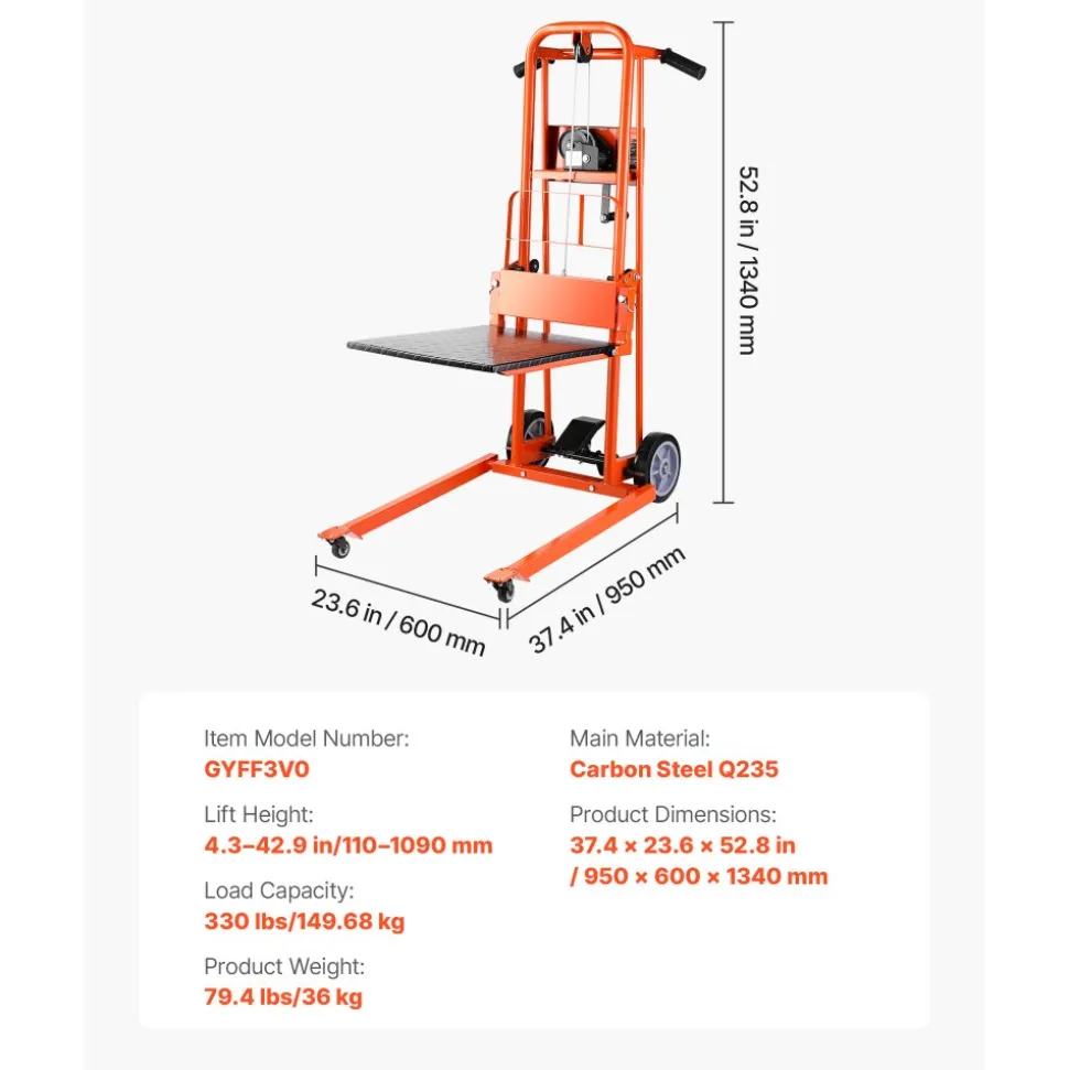 VEVOR Material Lift Winch Stacker, 330 lbs Capacity Pallet Truck Dolly, 42.9 in Max Lifting Height Manual Winch Stacker, Multifunctional Manual Pallet Truck Stacker with Swivel Casters and Lift Plate