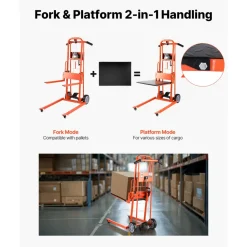 VEVOR Material Lift Winch Stacker, 330 lbs Capacity Pallet Truck Dolly, 42.9 in Max Lifting Height Manual Winch Stacker, Multifunctional Manual Pallet Truck Stacker with Swivel Casters and Lift Plate