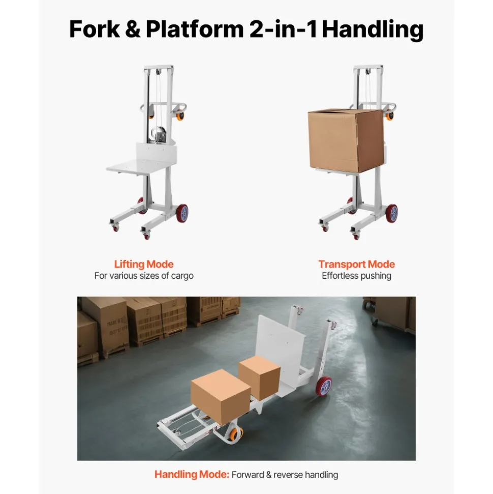VEVOR Material Lift Winch Stacker, 400 lbs Capacity Pallet Truck Dolly, 51.1 in Max Lifting Height Manual Winch Stacker, Multifunctional Manual Pallet Truck Stacker with Wheels and Adjustable Plate