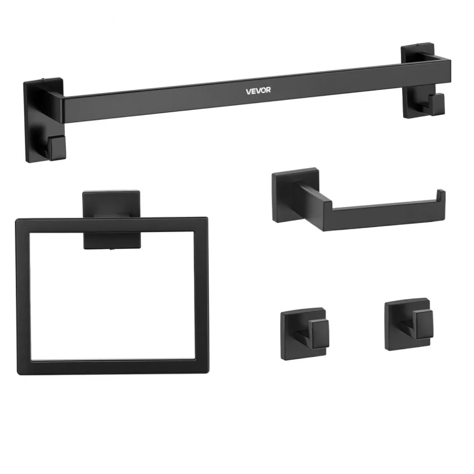 VEVOR Matte Black Bathroom Hardware Set, 5 Pieces Stainless Steel Bathroom Accessories Set, 24-inch Towel Bar, Towel Rack, 2 Robe Towel Hooks, Toilet Paper Holder, for Bath Room, Wall Mounted