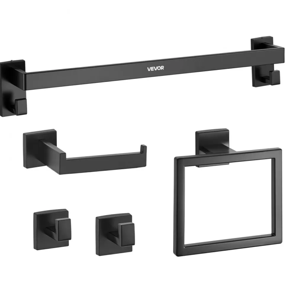 VEVOR Matte Black Bathroom Hardware Set, 5 Pieces Stainless Steel Bathroom Accessories Set, 24-inch Towel Bar, Towel Rack, 2 Robe Towel Hooks, Toilet Paper Holder, for Bath Room, Wall Mounted