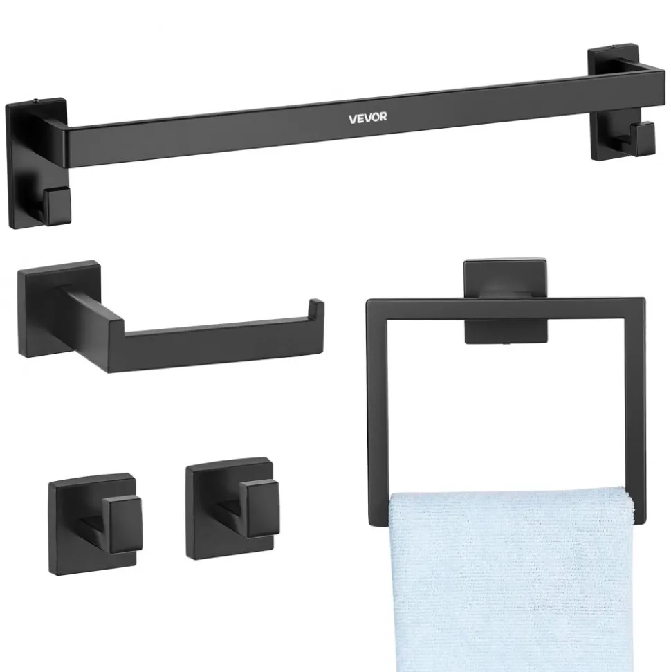 VEVOR Matte Black Bathroom Hardware Set, 5 Pieces Stainless Steel Bathroom Accessories Set, 24-inch Towel Bar, Towel Rack, 2 Robe Towel Hooks, Toilet Paper Holder, for Bath Room, Wall Mounted