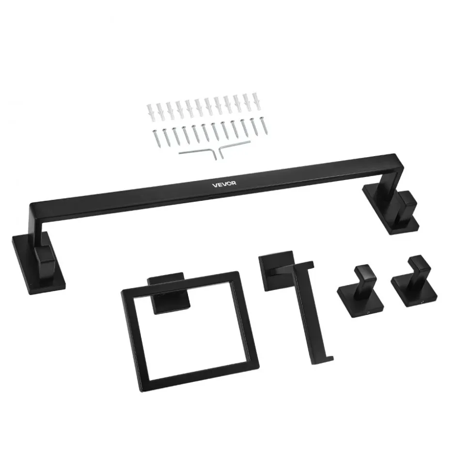 VEVOR Matte Black Bathroom Hardware Set, 5 Pieces Stainless Steel Bathroom Accessories Set, 24-inch Towel Bar, Towel Rack, 2 Robe Towel Hooks, Toilet Paper Holder, for Bath Room, Wall Mounted