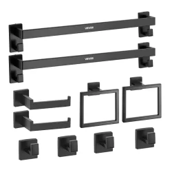 VEVOR Matte Black Bathroom Hardware Set, 10-Piece Bathroom Accessories Set, 2 Stainless Steel 24-in Towel Bars, 2 Towel Racks, 4 Robe Towel Hooks, 2 Toilet Paper Holders for Bath Room, Wall Mounted