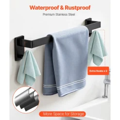 VEVOR Matte Black Bathroom Hardware Set, 10-Piece Bathroom Accessories Set, 2 Stainless Steel 24-in Towel Bars, 2 Towel Racks, 4 Robe Towel Hooks, 2 Toilet Paper Holders for Bath Room, Wall Mounted