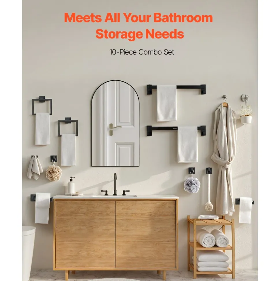 VEVOR Matte Black Bathroom Hardware Set, 10-Piece Bathroom Accessories Set, 2 Stainless Steel 24-in Towel Bars, 2 Towel Racks, 4 Robe Towel Hooks, 2 Toilet Paper Holders for Bath Room, Wall Mounted