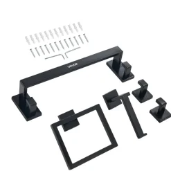 VEVOR Matte Black Bathroom Hardware Set, 5 Pieces Bathroom Accessories Set, Stainless Steel 16 inch Towel Bar, Towel Rack, 2 Robe Towel Hooks, Toilet Paper Holder for Bath Room, Wall Mounted