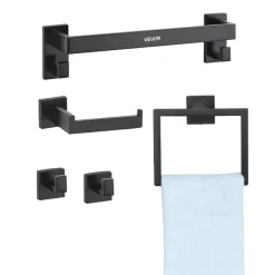 VEVOR Matte Black Bathroom Hardware Set, 5 Pieces Bathroom Accessories Set, Stainless Steel 16 inch Towel Bar, Towel Rack, 2 Robe Towel Hooks, Toilet Paper Holder for Bath Room, Wall Mounted