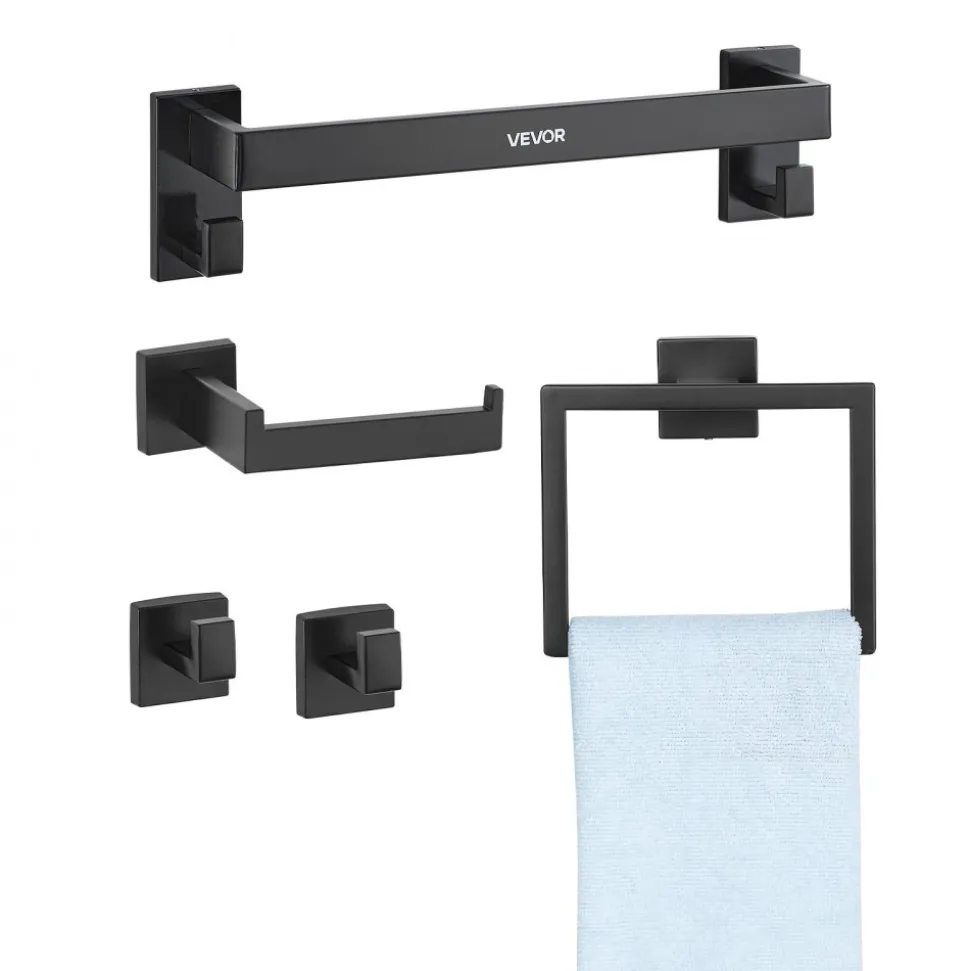 VEVOR Matte Black Bathroom Hardware Set, 5 Pieces Bathroom Accessories Set, Stainless Steel 16 inch Towel Bar, Towel Rack, 2 Robe Towel Hooks, Toilet Paper Holder for Bath Room, Wall Mounted