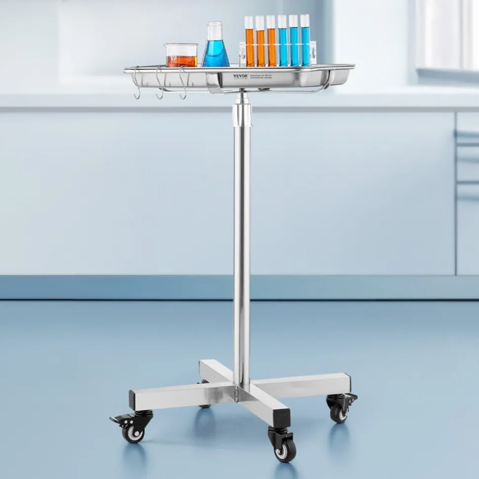 VEVOR Mayo Stand, Stainless Steel Mayo Tray, Load Capacity up to 35 lbs, Adjustable Height 25.2"-39.8", Medical Tray on Wheels with Removable Tray for Spa, Salon, Clinic, Personal Care
