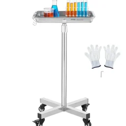 VEVOR Mayo Stand, Stainless Steel Mayo Tray, Load Capacity up to 35 lbs, Adjustable Height 25.2"-39.8", Medical Tray on Wheels with Removable Tray for Spa, Salon, Clinic, Personal Care