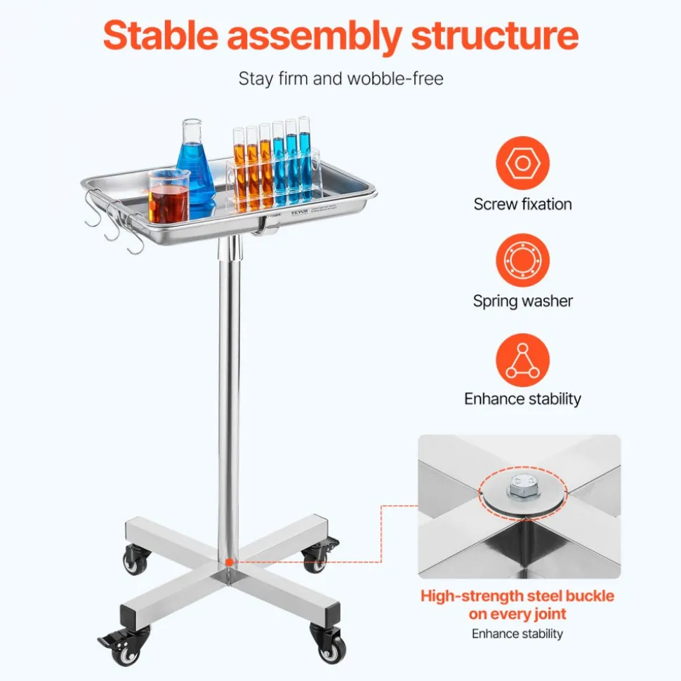VEVOR Mayo Stand, Stainless Steel Mayo Tray, Load Capacity up to 35 lbs, Adjustable Height 25.2"-39.8", Medical Tray on Wheels with Removable Tray for Spa, Salon, Clinic, Personal Care