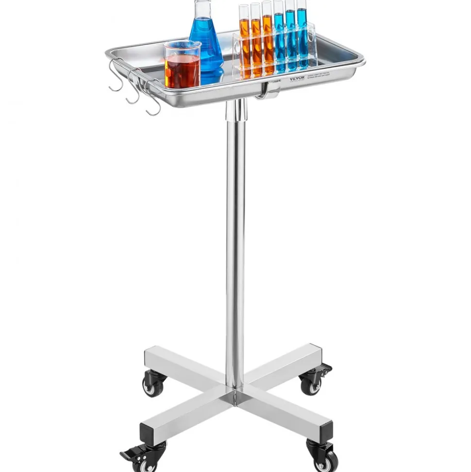 VEVOR Mayo Stand, Stainless Steel Mayo Tray, Load Capacity up to 35 lbs, Adjustable Height 25.2"-39.8", Medical Tray on Wheels with Removable Tray for Spa, Salon, Clinic, Personal Care