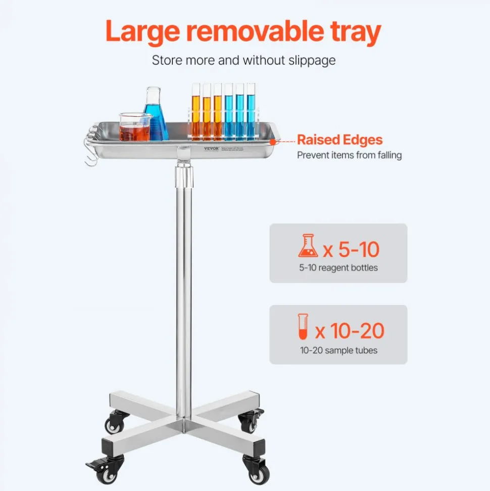 VEVOR Mayo Stand, Stainless Steel Mayo Tray, Load Capacity up to 35 lbs, Adjustable Height 25.2"-39.8", Medical Tray on Wheels with Removable Tray for Spa, Salon, Clinic, Personal Care
