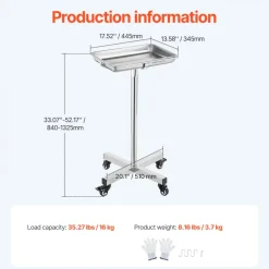 VEVOR Mayo Stand, Stainless Steel Mayo Tray, Load Capacity up to 35 lbs, Adjustable Height 25.2