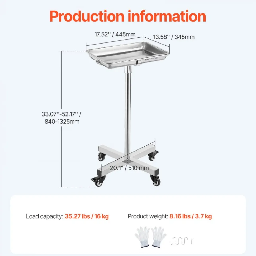 VEVOR Mayo Stand, Stainless Steel Mayo Tray, Load Capacity up to 35 lbs, Adjustable Height 25.2"-39.8", Medical Tray on Wheels with Removable Tray for Spa, Salon, Clinic, Personal Care