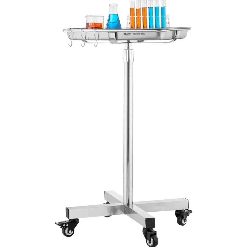 VEVOR Mayo Stand, Stainless Steel Mayo Tray, Load Capacity up to 35 lbs, Adjustable Height 25.2"-39.8", Medical Tray on Wheels with Removable Tray for Spa, Salon, Clinic, Personal Care