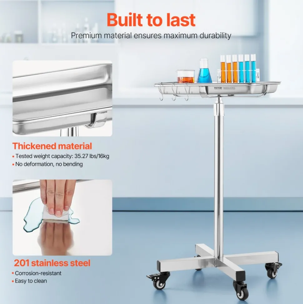 VEVOR Mayo Stand, Stainless Steel Mayo Tray, Load Capacity up to 35 lbs, Adjustable Height 25.2"-39.8", Medical Tray on Wheels with Removable Tray for Spa, Salon, Clinic, Personal Care