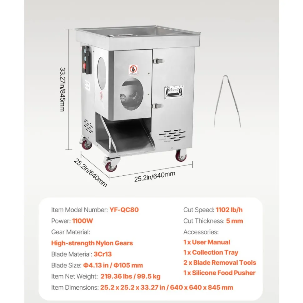 VEVOR Meat Cutter Machine, 1100W Meat Slicer, 1102 lb/h Commercial Meat Cutting Machine, Stainless Steel, 5 mm Thickness, Detachable Blades, Electric Food Slicer for Kitchen Restaurant Supermarket
