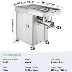 VEVOR Meat Grinder, 36.7 Lbs/Min Capacity Electric Meat Grinders w/ Blade, Grinding Plate, Sausage Maker, Stainless Steel Commercial Meat Mincer for Kitchen Restaurant Butcher Store