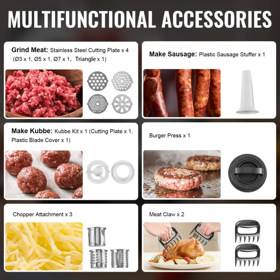 VEVOR Meat Grinder, 4.2 Lbs/Min Capacity Electric Meat Grinders with Blade, Grinding Plate, Sausage Maker, Kubbe Kit, Burger Press, Chopper Attachment, Stainless Steel Meat Mincer for Home Kitchen