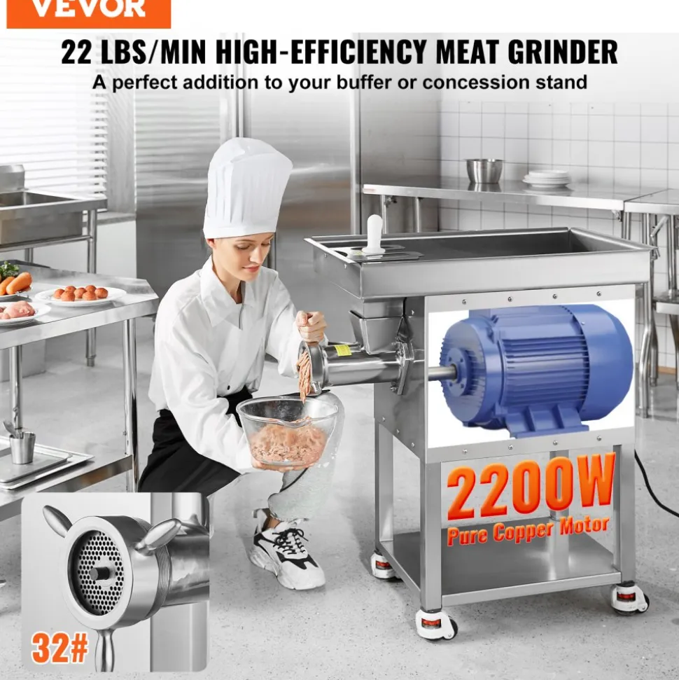 VEVOR Meat Grinder, 22 Lbs/Min Capacity Electric Meat Grinders w/ Blade, Grinding Plate, Sausage Maker, Stainless Steel Commercial Meat Mincer for Kitchen Restaurant Butcher Store