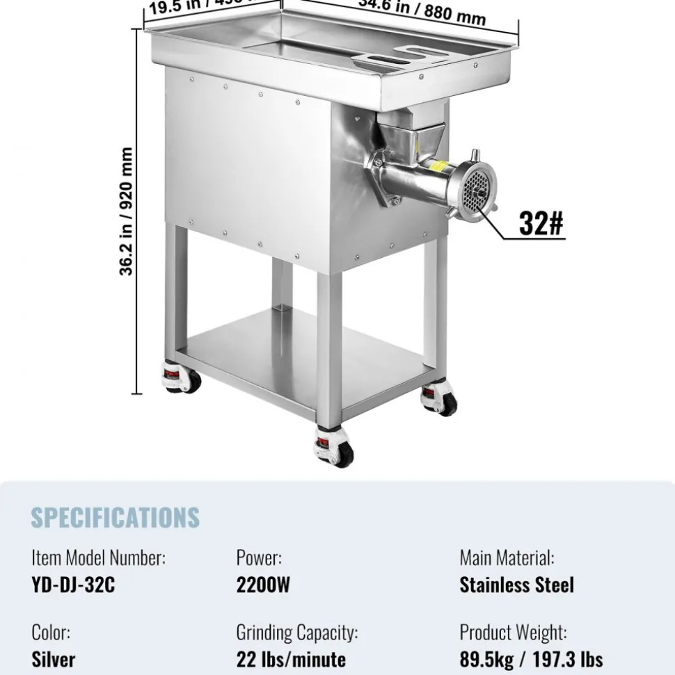 VEVOR Meat Grinder, 22 Lbs/Min Capacity Electric Meat Grinders w/ Blade, Grinding Plate, Sausage Maker, Stainless Steel Commercial Meat Mincer for Kitchen Restaurant Butcher Store